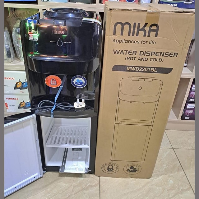MIKA WATER DISPENSER HOT & COLD  BLACK CHILD LOCK SAFETY PUSH BUTTON CUP CABINET
